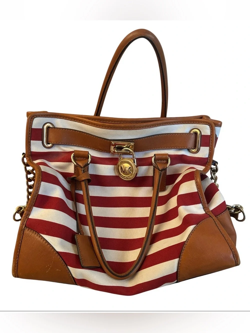 Michael Kors | Large Brown Leather Lined Red & White Striped Gold Detailed Purse
